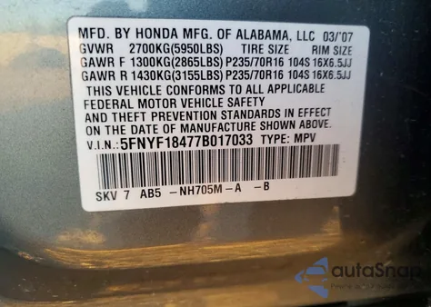 2007 Honda Pilot Ex z USA, uszkodzony, nr VIN 5FNYF18477B017033